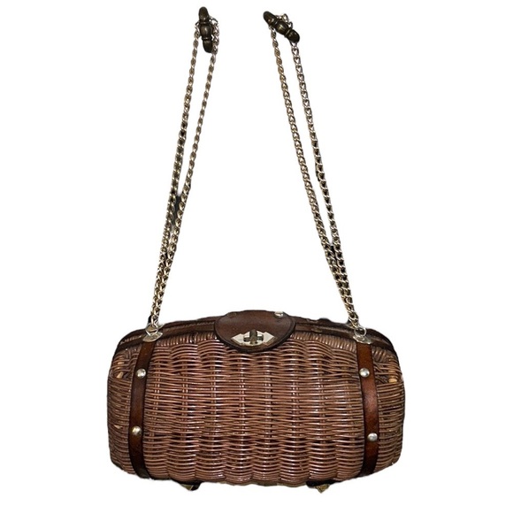 Vintage Handbags - Vintage Brown Wicker Leather Silver Double Chain Strap Barrel Shaped Bag Clutch